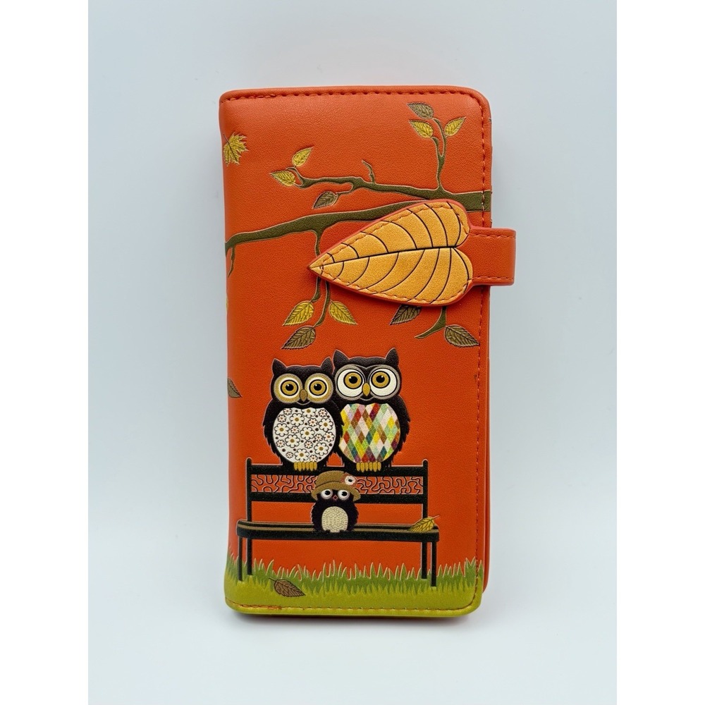 Shagwear Orange Owl Park Bench Large Bifold Zipper‎ Wallet Faux Vegan Leather